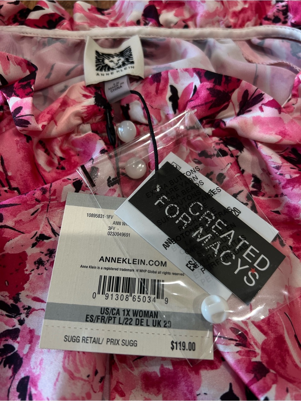 Anne Klein Floral Blouse 1X Pink White Sheer Peasant Top NWT - Picture 5 of 11